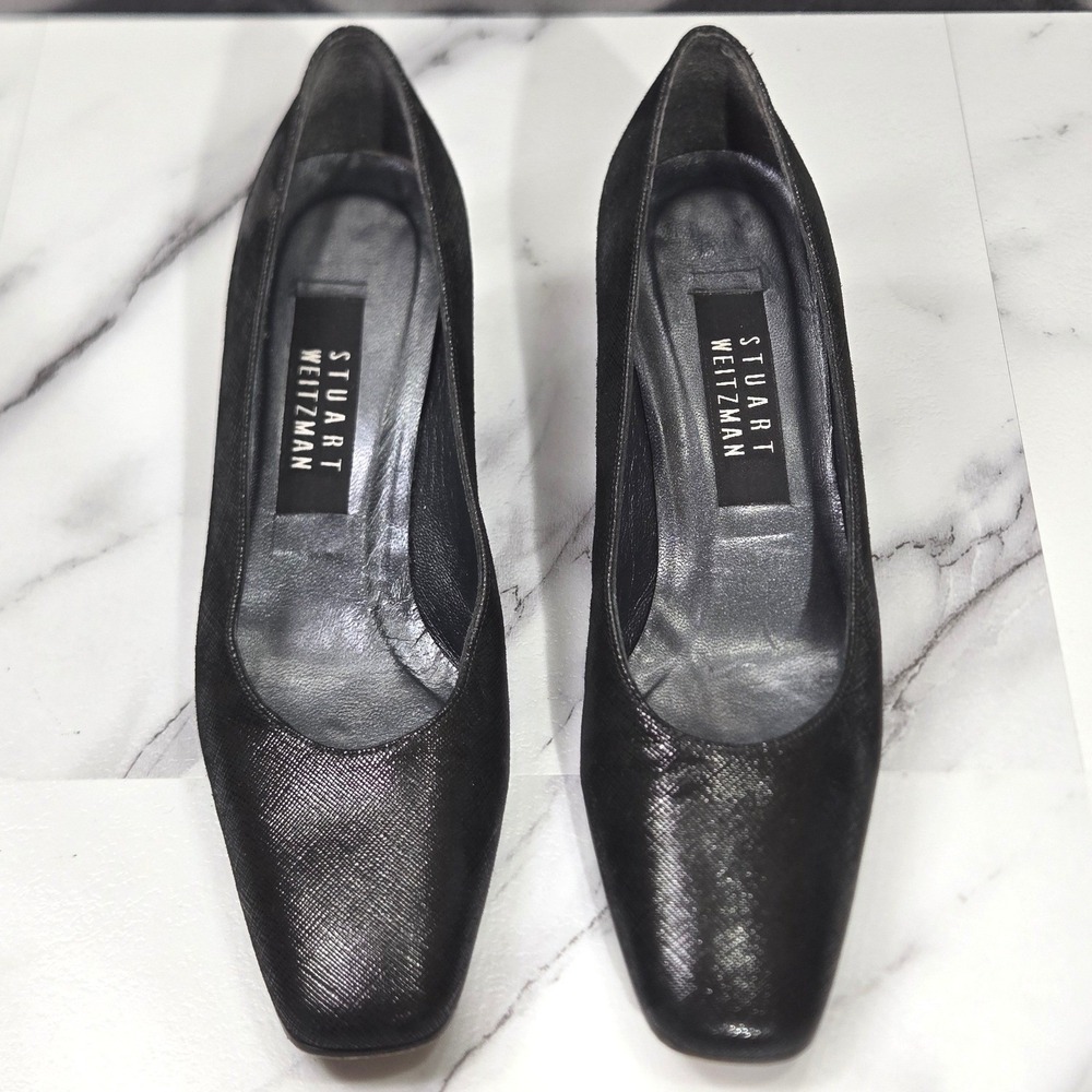 Stuart Weitzman Womens 7.5 AA Black Leather Pumps Square Toe Chunky Block Heel